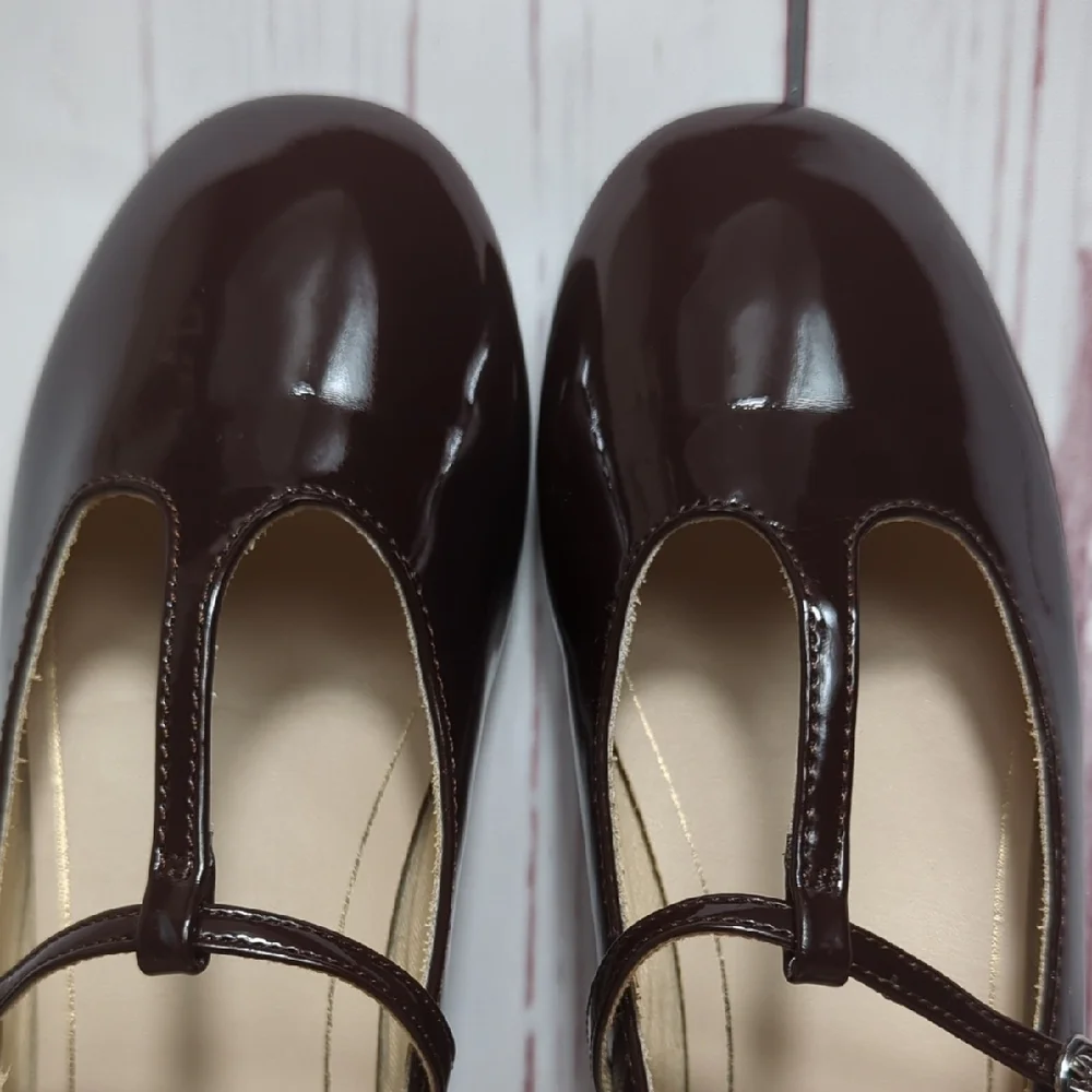Zara Girls T-Strap Mary Janes Flats Brown Burgundy Patent‎ Leather Glossy 1.5